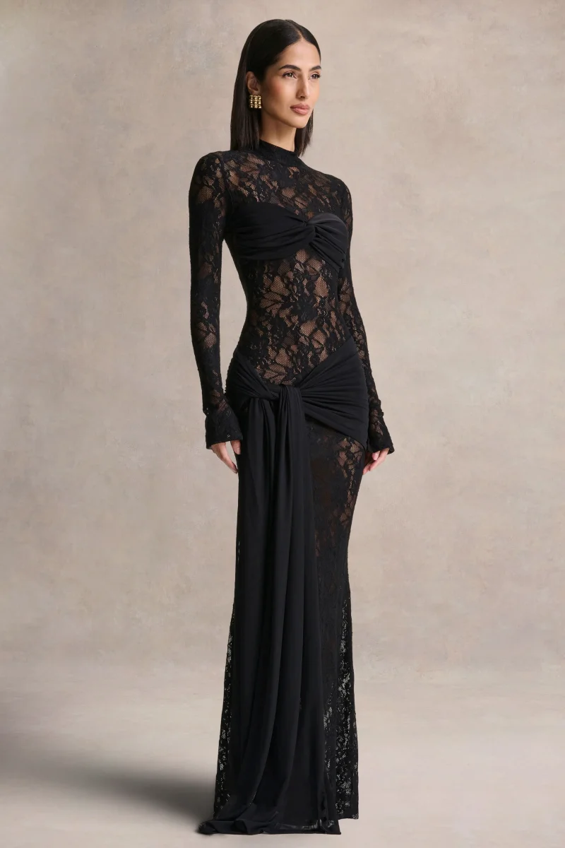 Akira | Vestido Largo de Encaje Negro con Detalle de Fajín - Imagen 6