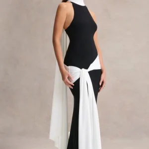 Dorinda | Vestido Largo Negro y Blanco de Cuello Alto con Detalle de Drapeado y Fajín