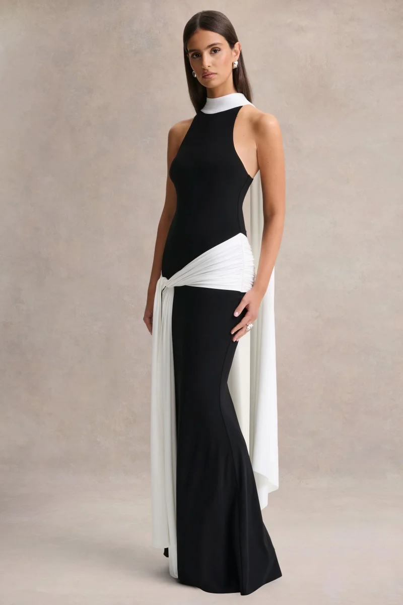 Dorinda | Vestido Largo Negro y Blanco de Cuello Alto con Detalle de Drapeado y Fajín - Imagen 5