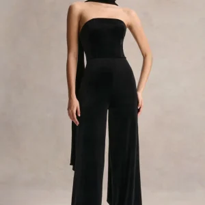 Arcane | Mono de Terciopelo Negro con Escote Bandeau y Detalle De Bufanda