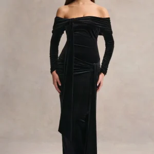 Jessara | Vestido Largo Negro con Escote Bardot y Detalles de Nudos