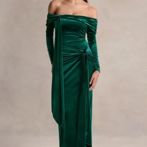Jessara | Vestido largo verde botella bardot con detalles de nudo