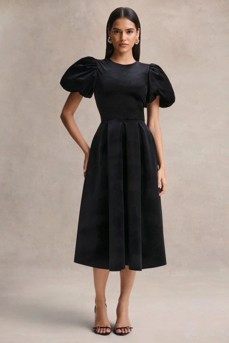 Seraphic | Vestido Midi Negro de Terciopelo con Mangas Abullonadas - Imagen 2