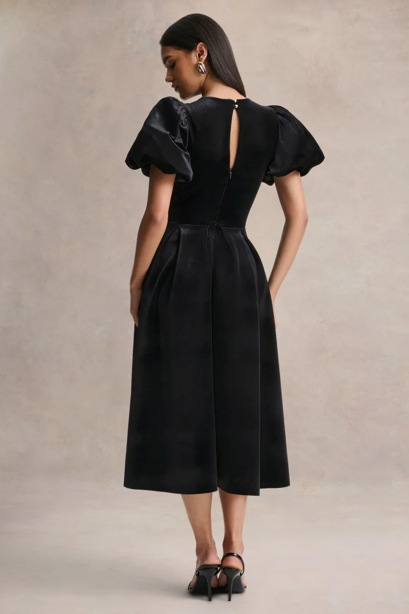 Seraphic | Vestido Midi Negro de Terciopelo con Mangas Abullonadas - Imagen 3
