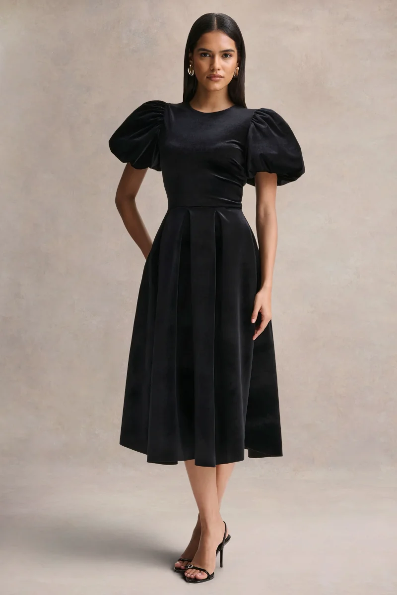 Seraphic | Vestido Midi Negro de Terciopelo con Mangas Abullonadas - Imagen 7