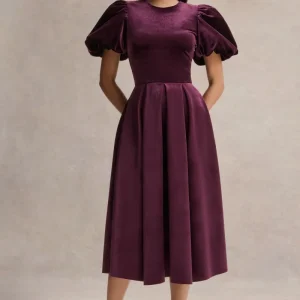 Seraphic | Vestido Midi de Terciopelo Burdeos con Mangas Abullonadas