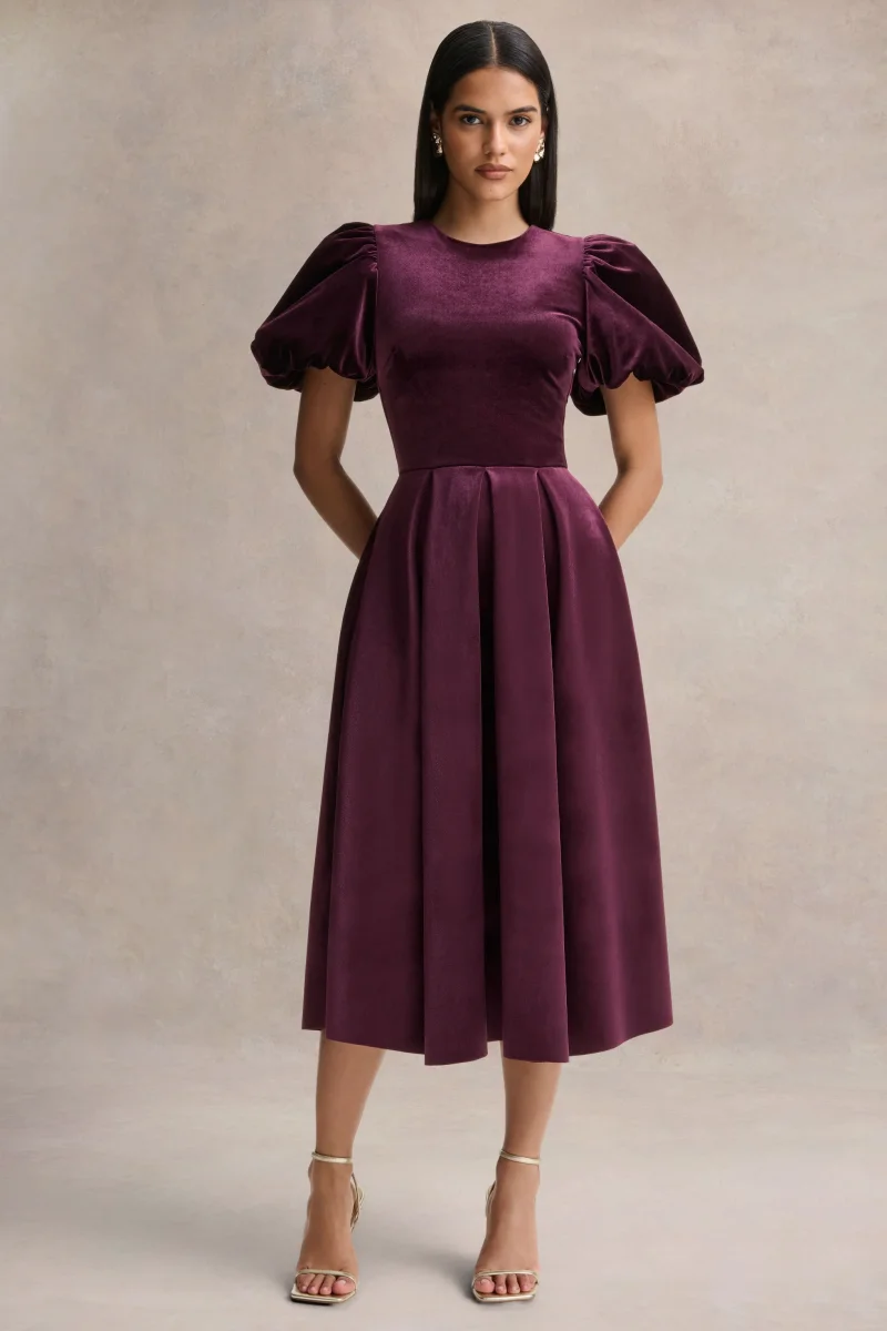 Seraphic | Vestido Midi de Terciopelo Burdeos con Mangas Abullonadas - Imagen 2