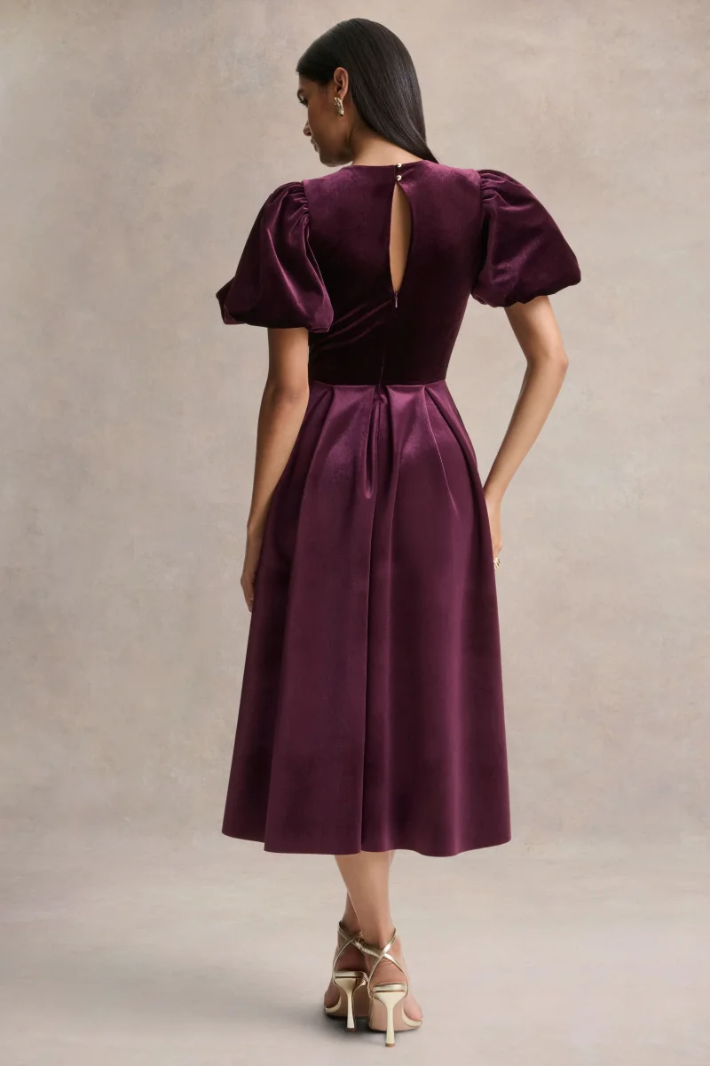 Seraphic | Vestido Midi de Terciopelo Burdeos con Mangas Abullonadas - Imagen 3