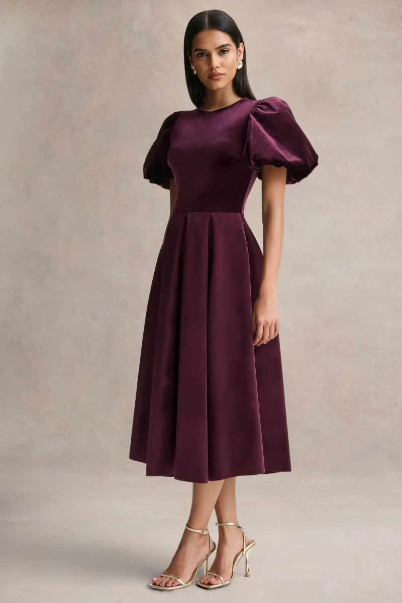 Seraphic | Vestido Midi de Terciopelo Burdeos con Mangas Abullonadas - Imagen 4