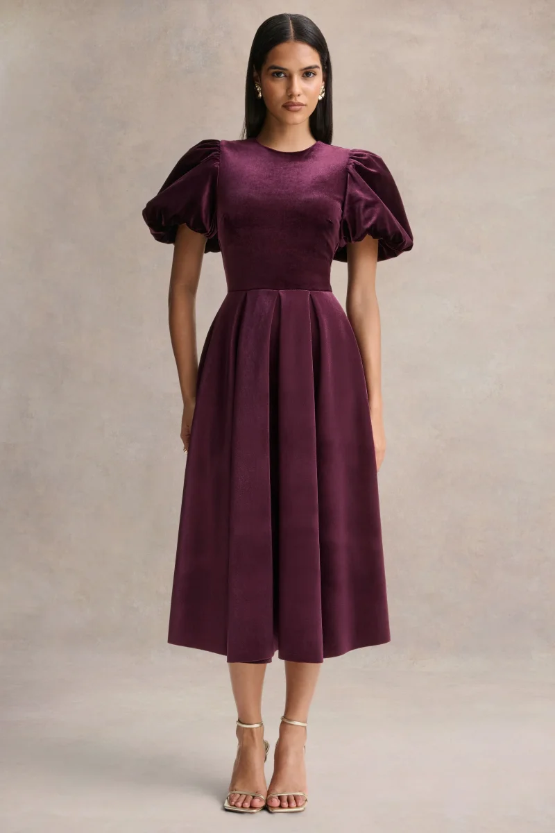 Seraphic | Vestido Midi de Terciopelo Burdeos con Mangas Abullonadas - Imagen 6