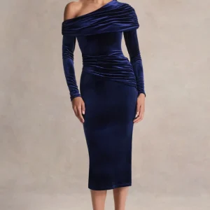 Eirene | Vestido midi de terciopelo azul con escote asimétrico