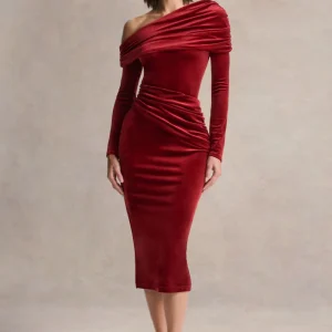 Eirene |  Eirene Vestido midi de terciopelo rojo con escote asimétrico