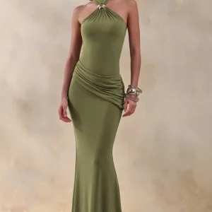 Polina | Vestido largo verde oliva de cuello alto con drapeado y detalle dorado
