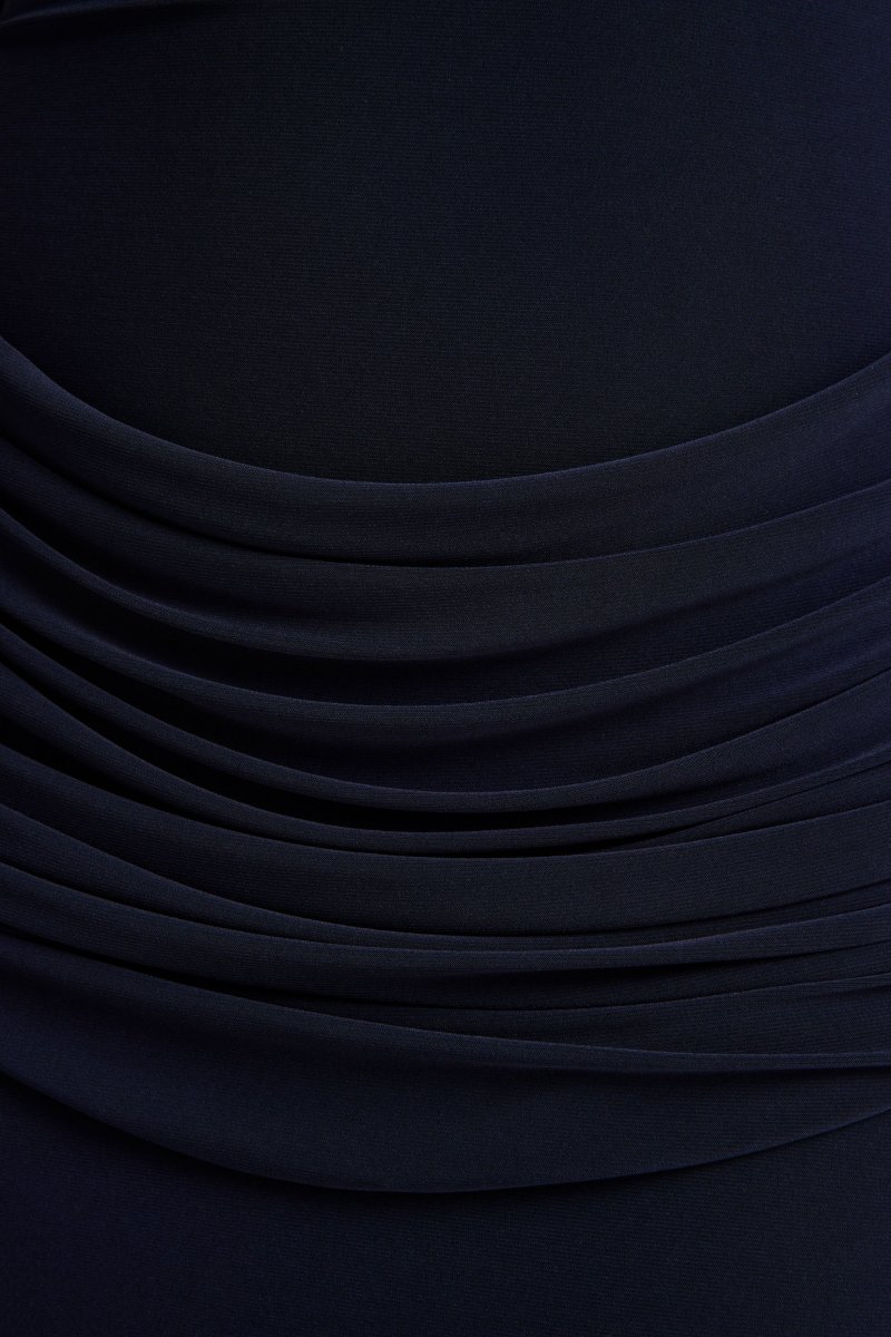 Hesperia | Vestido Largo Azul Marino de Cuello Alto con Detalle Drapeado y Bufanda - Imagen 7