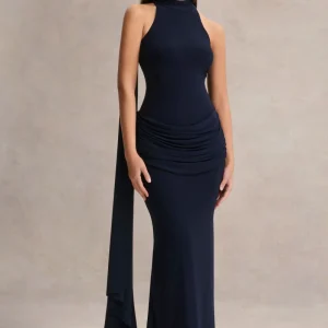 Hesperia | Vestido Largo Azul Marino de Cuello Alto con Detalle Drapeado y Bufanda