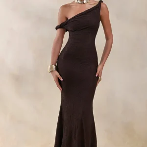 Afina | Vestido largo asimétrico de encaje marrón