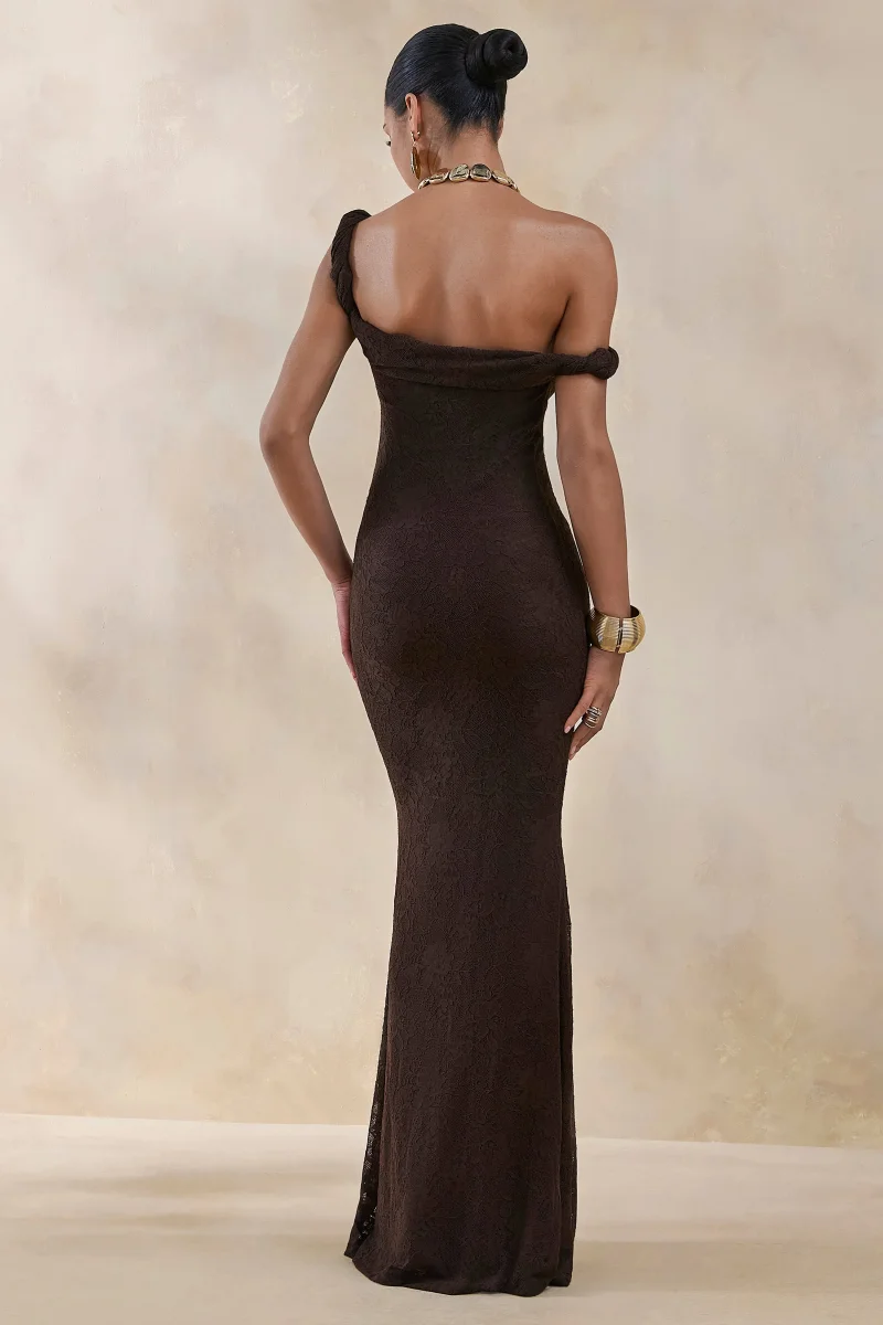Afina | Vestido largo asimétrico de encaje marrón - Imagen 4