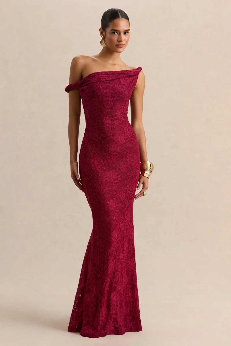Afina | Vestido largo asimétrico de encaje burdeos - Imagen 5