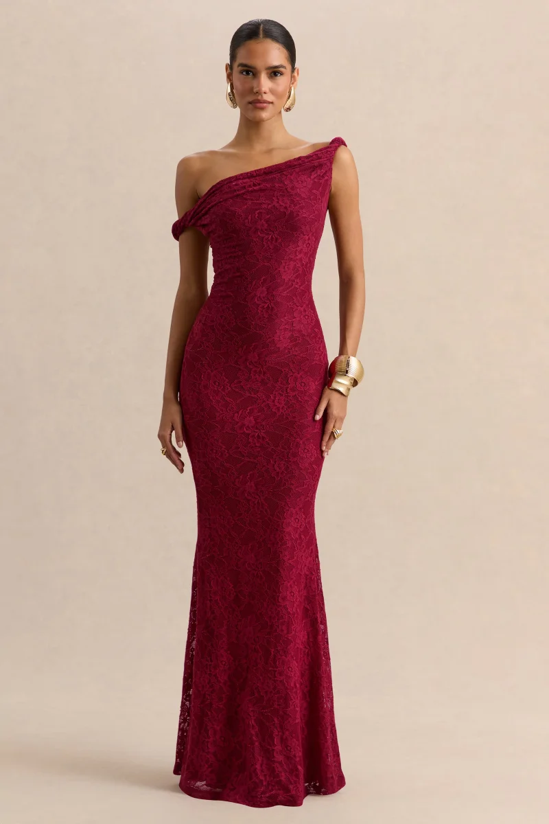 Afina | Vestido largo asimétrico de encaje burdeos - Imagen 7