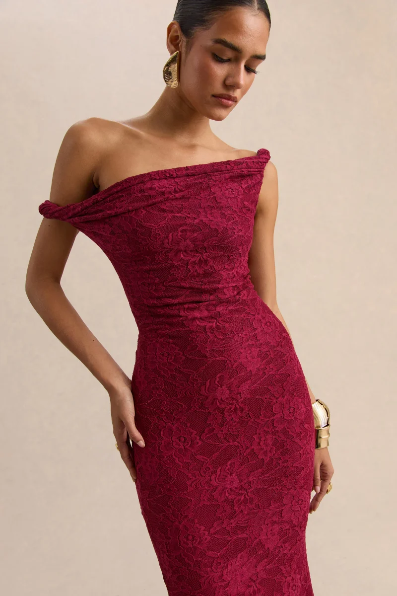 Afina | Vestido largo asimétrico de encaje burdeos - Imagen 6