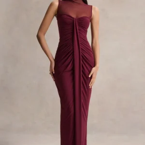 Brialle | Vestido Largo Burdeos de Cuello Alto con Malla y Fruncidos