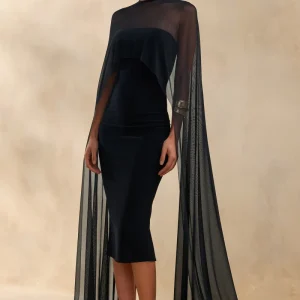 Filippa | Vestido midi de terciopelo negro con escote redondo y mangas capa transparentes