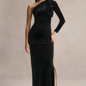 Farryn | Vestido Largo Negro con Escote Asimétrico y Detalle de Lazo