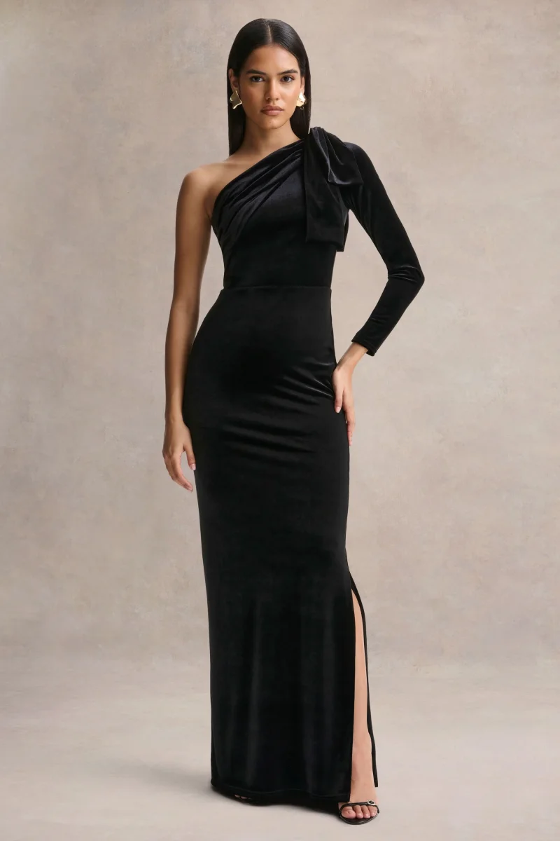 Farryn | Vestido Largo Negro con Escote Asimétrico y Detalle de Lazo