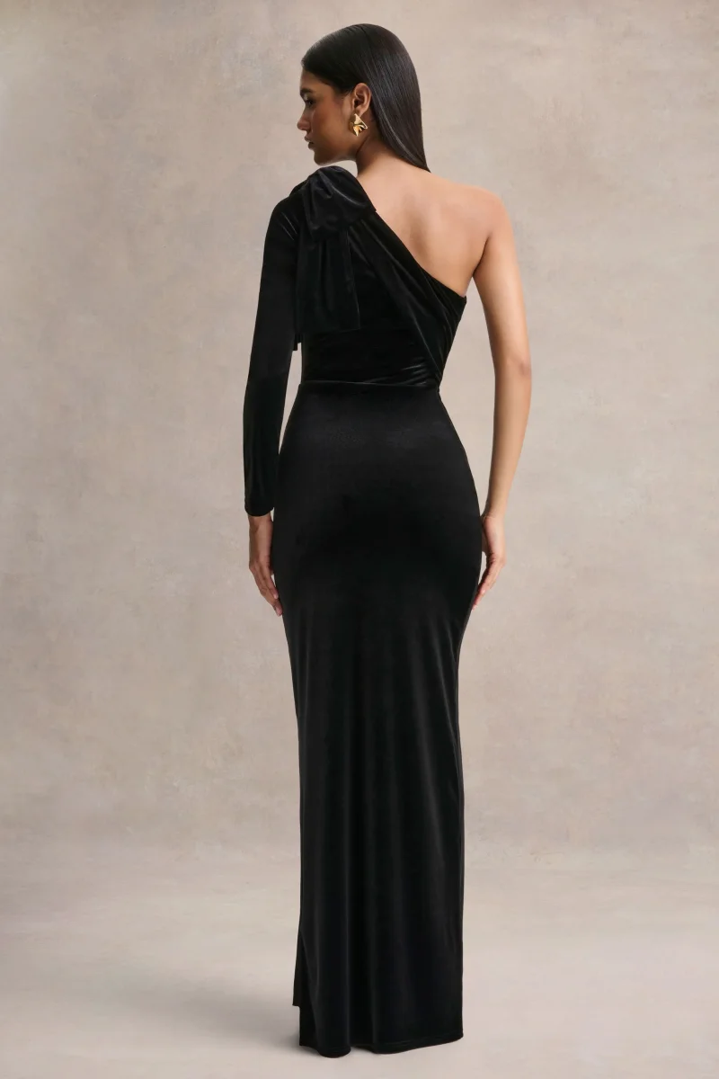 Farryn | Vestido Largo Negro con Escote Asimétrico y Detalle de Lazo - Imagen 3