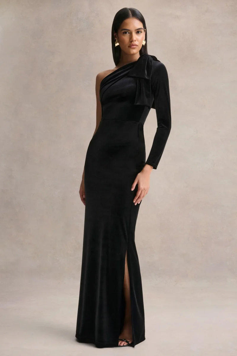 Farryn | Vestido Largo Negro con Escote Asimétrico y Detalle de Lazo - Imagen 5