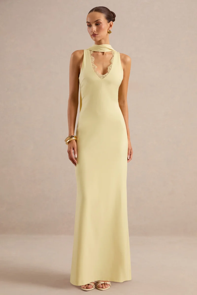 True Icon | Vestido Largo Lencero Amarillo Limón De Satén Con Cuello Alto Y Fular - Imagen 4
