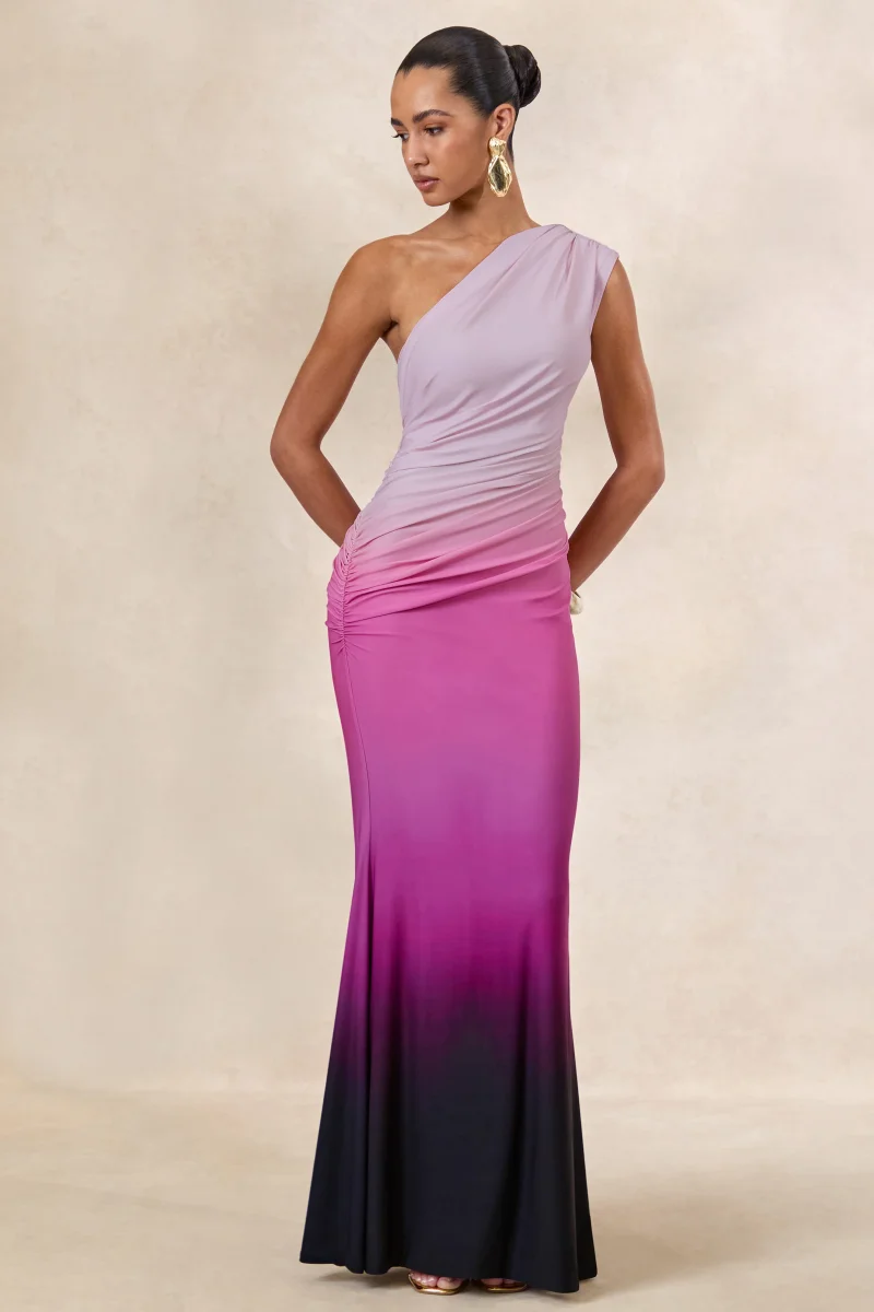 Lauretta | Vestido Largo Rosa Y Naranja Ombré Asimétrico Con Fruncido - Imagen 6