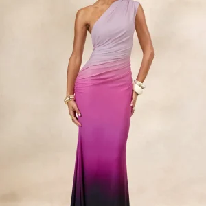 Lauretta | Vestido Largo Rosa Y Naranja Ombré Asimétrico Con Fruncido