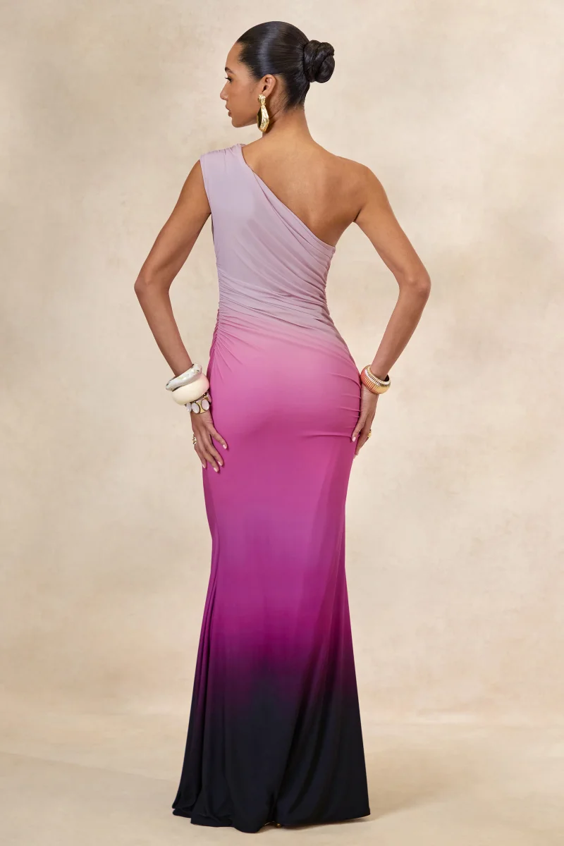 Lauretta | Vestido Largo Rosa Y Naranja Ombré Asimétrico Con Fruncido - Imagen 3