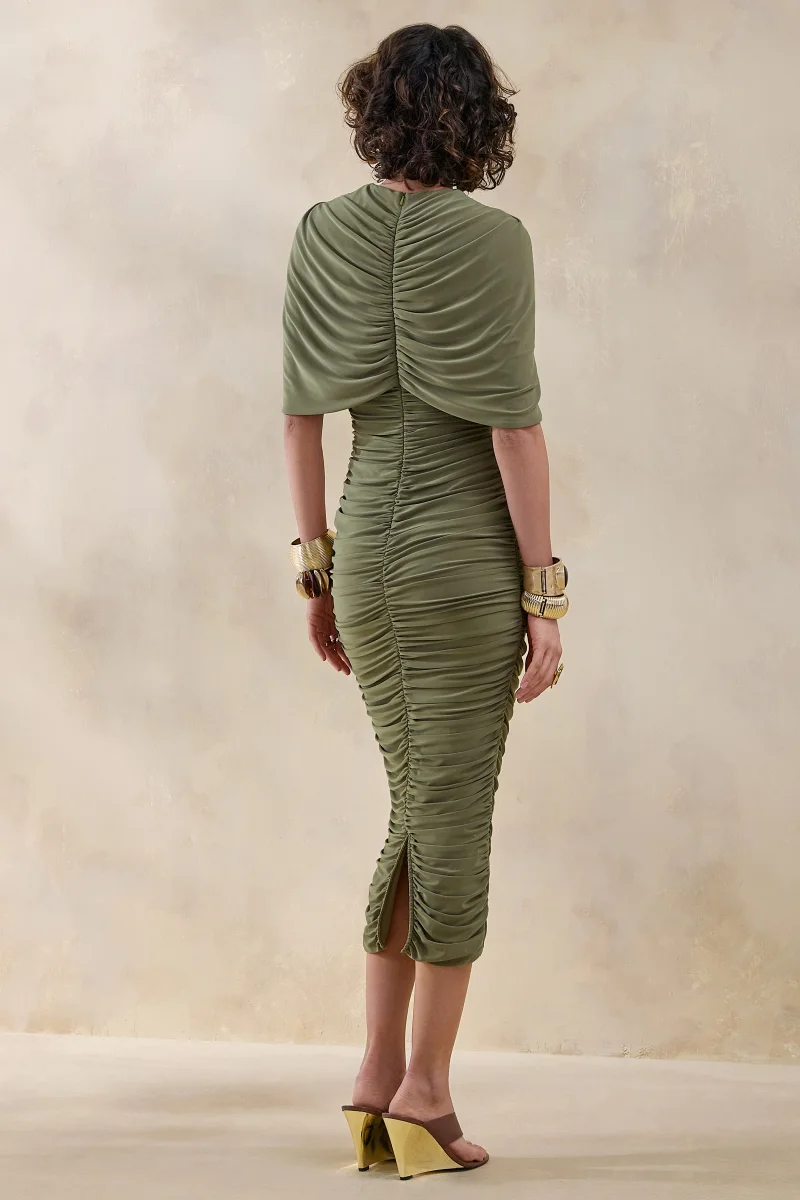Parisia | Vestido Midi Verde Oliva de Cuello Redondo con Detalle de Capa - Imagen 3