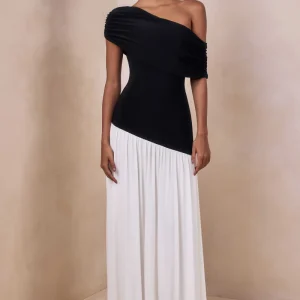 Doroyta | Vestido Largo Blanco y Negro de Cuello Asimétrico