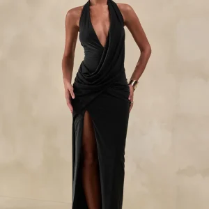 Junia | Vestido Largo Negro de Escote Pronunciado y Detalle Cruzado
