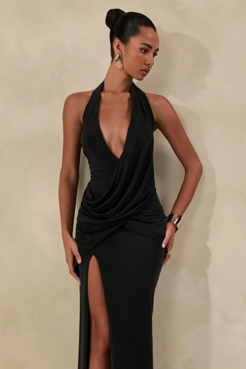 Junia | Vestido Largo Negro de Escote Pronunciado y Detalle Cruzado - Imagen 6