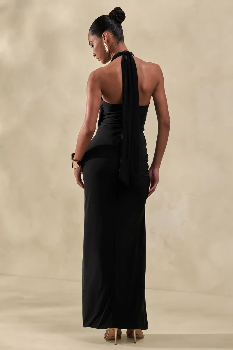 Junia | Vestido Largo Negro de Escote Pronunciado y Detalle Cruzado - Imagen 3