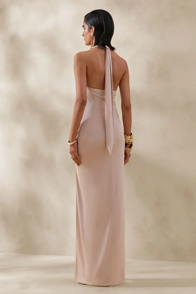 Junia | Vestido Largo Champán de Escote Pronunciado y Detalle Cruzado - Imagen 3