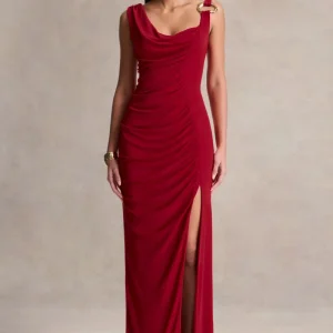 Vesperelle | Vestido Largo Rojo de Escote Redondo con Detalle Fruncido