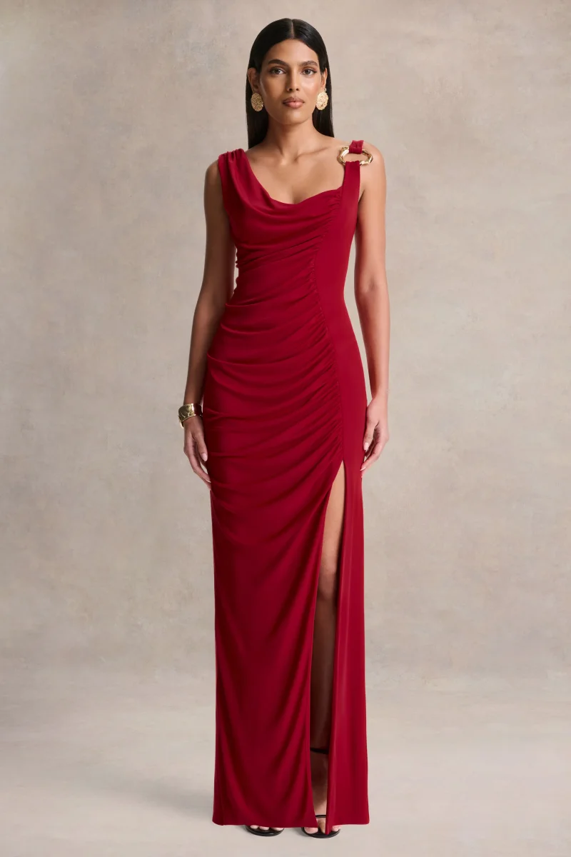 Vesperelle | Vestido Largo Rojo de Escote Redondo con Detalle Fruncido