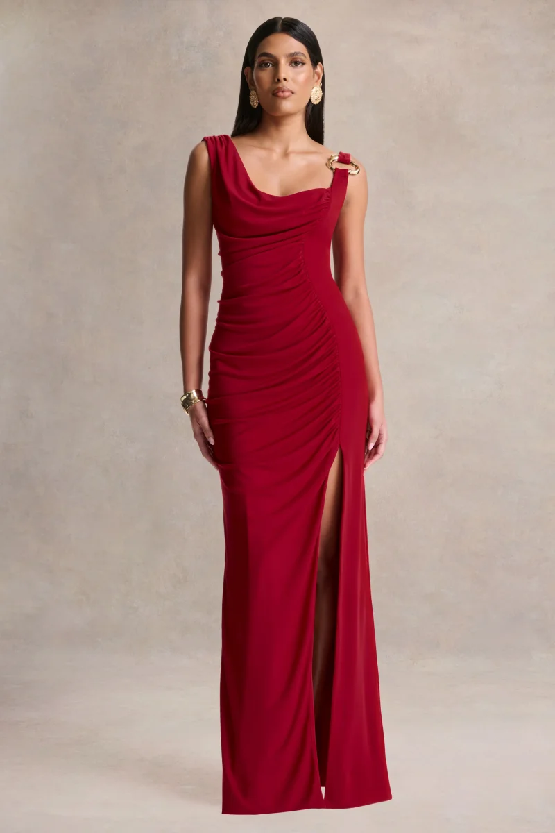 Vesperelle | Vestido Largo Rojo de Escote Redondo con Detalle Fruncido - Imagen 5