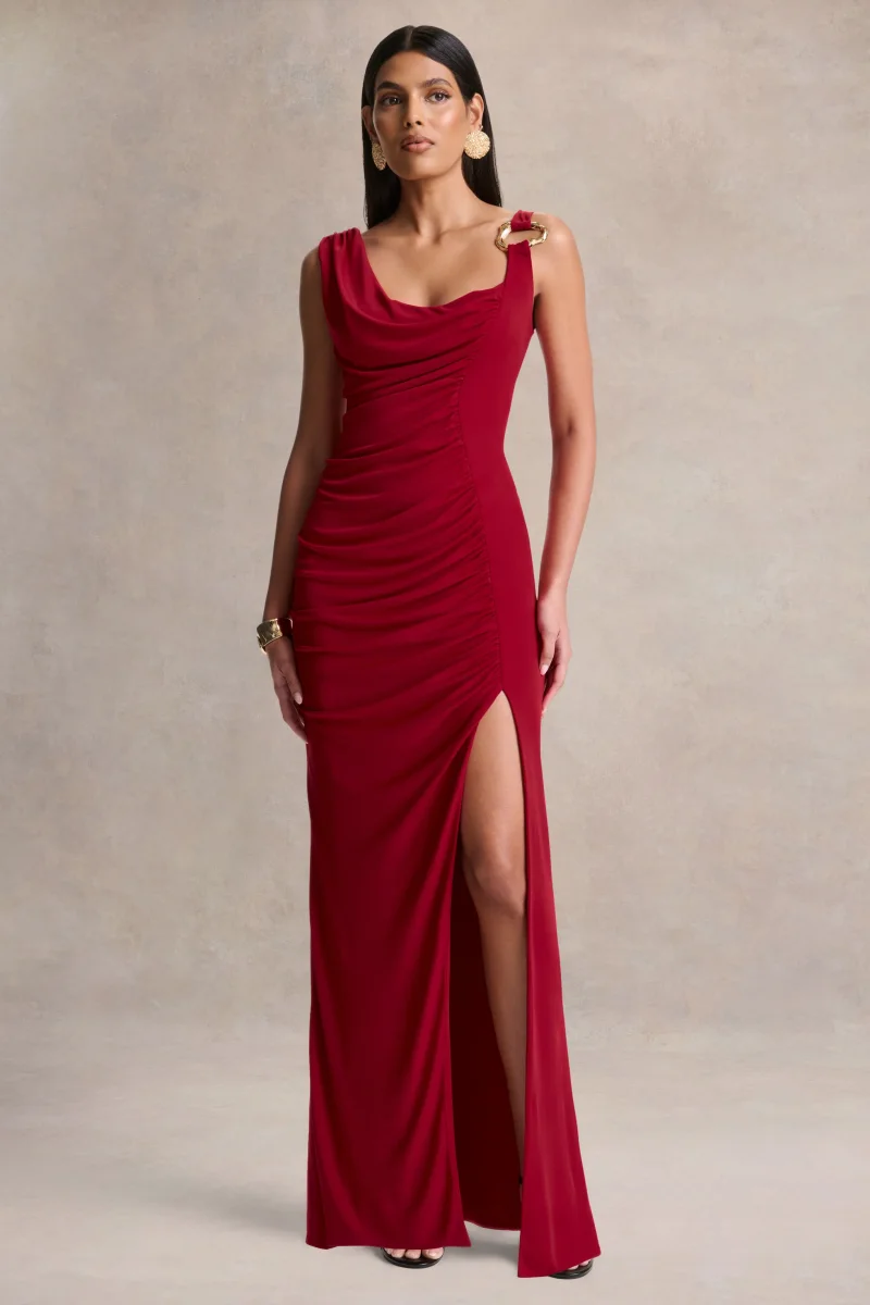 Vesperelle | Vestido Largo Rojo de Escote Redondo con Detalle Fruncido - Imagen 6