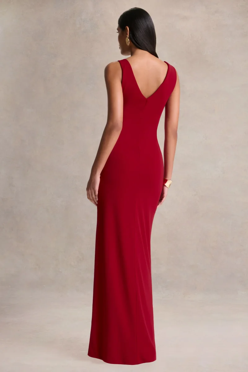 Vesperelle | Vestido Largo Rojo de Escote Redondo con Detalle Fruncido - Imagen 3