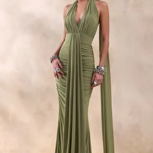 Roselani | Vestido Largo Verde Oliva de Cuello Halter con Espalda Descubierta