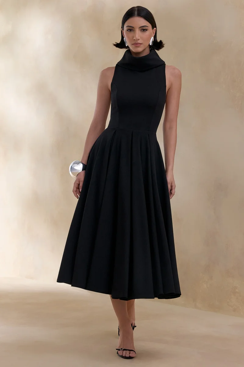 Exclusivity | Vestido Midi Negro de Cuello Alto - Imagen 2