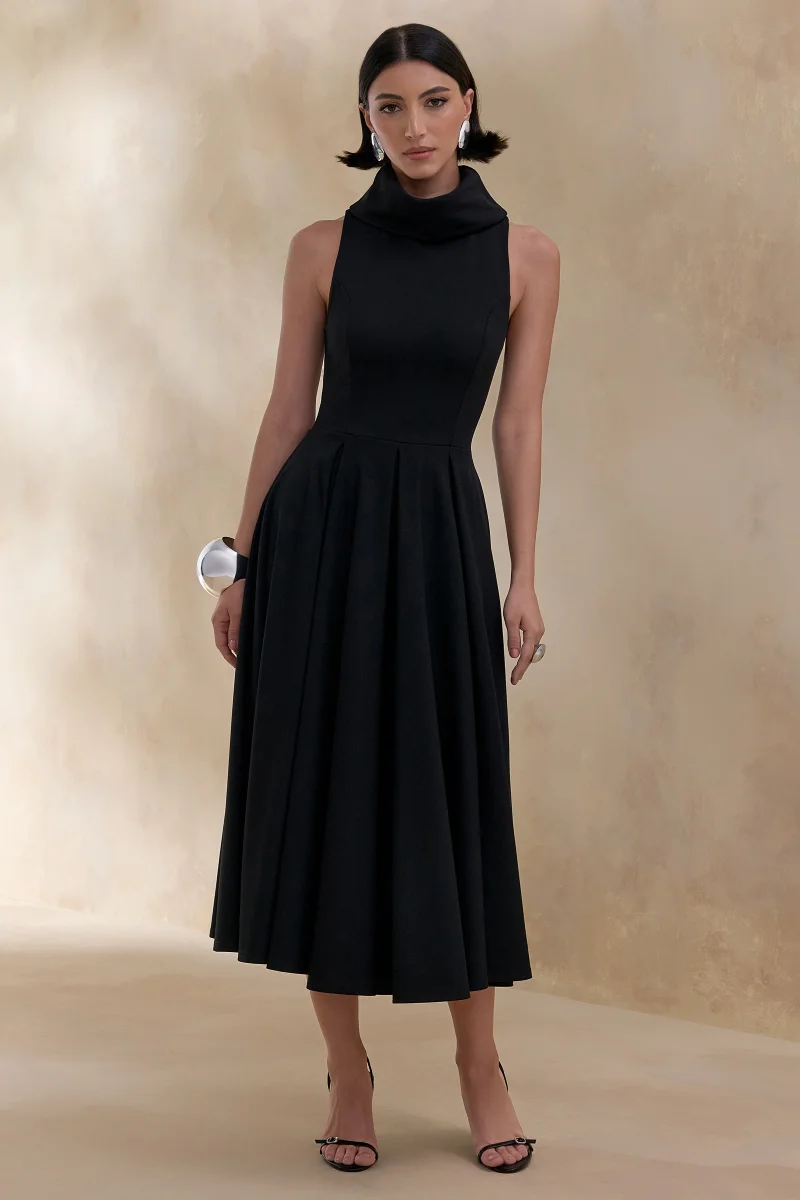 Exclusivity | Vestido Midi Negro de Cuello Alto - Imagen 6