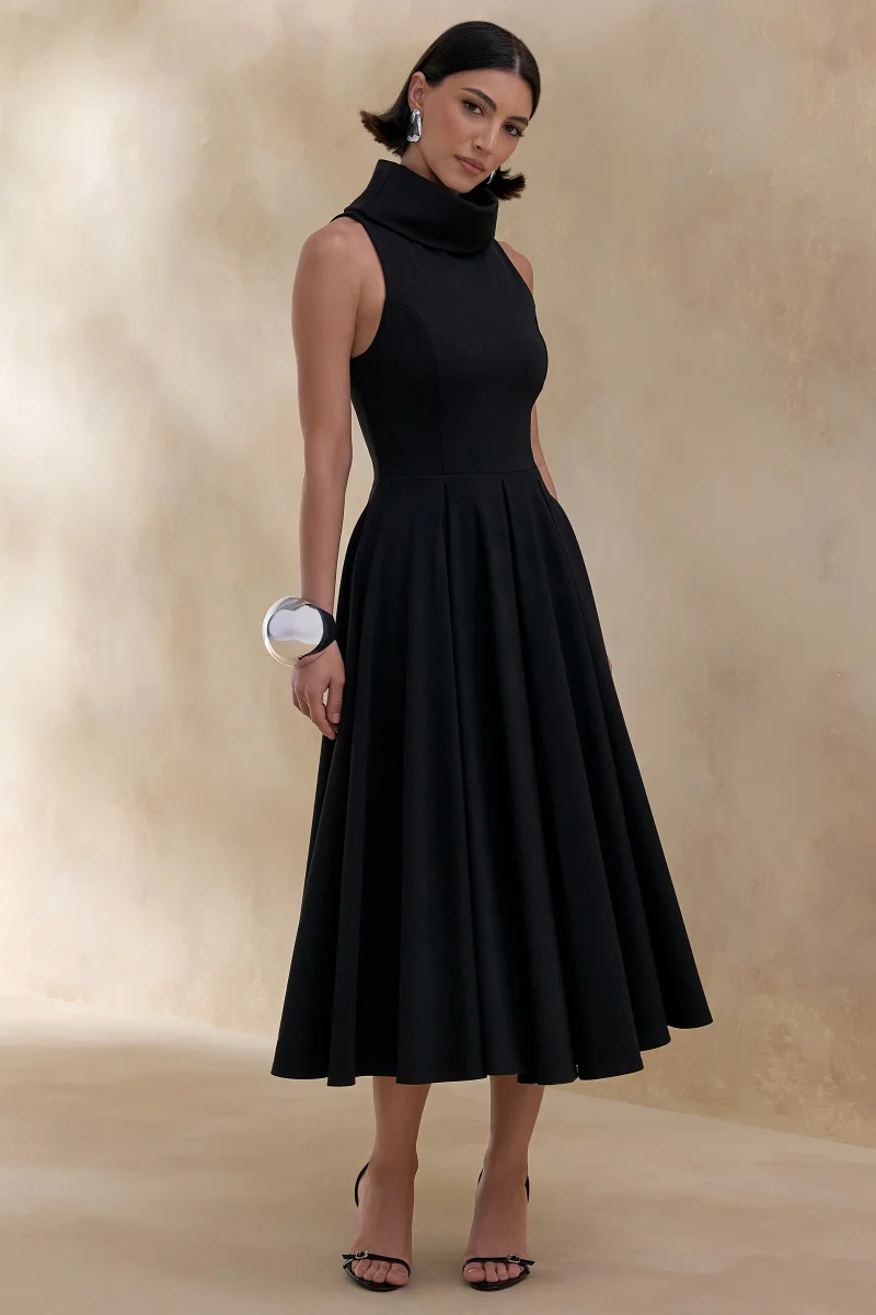 Exclusivity | Vestido Midi Negro de Cuello Alto - Imagen 5