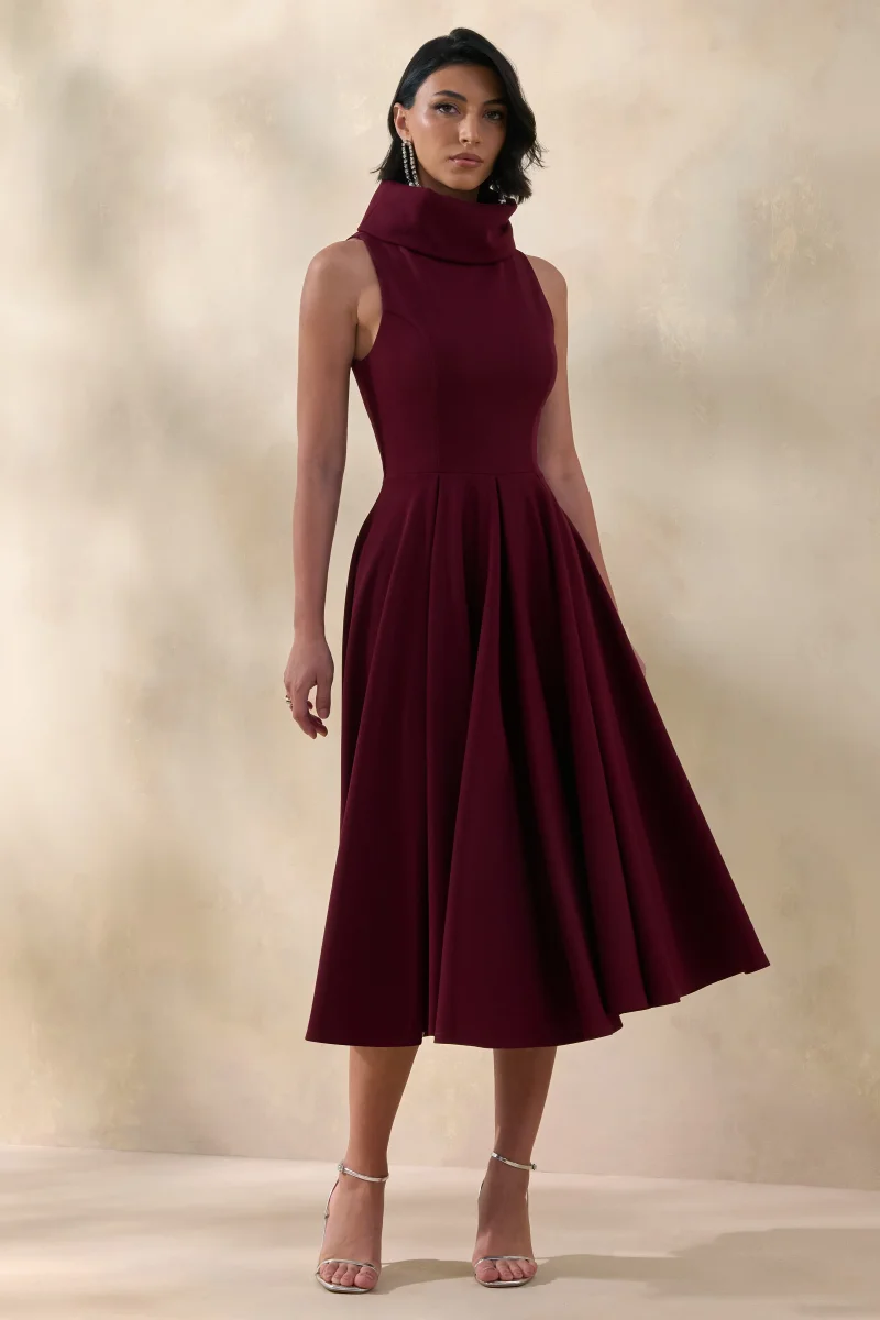 Exclusivity | Vestido Midi Burdeos de Cuello Alto - Imagen 6